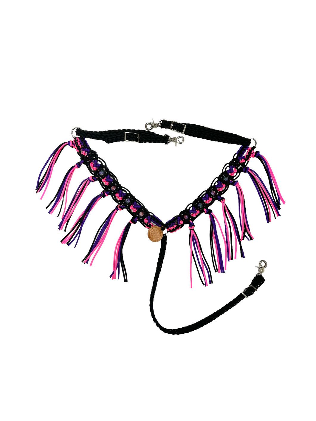 Average horse breast collar with beads black, hot pink, and purple