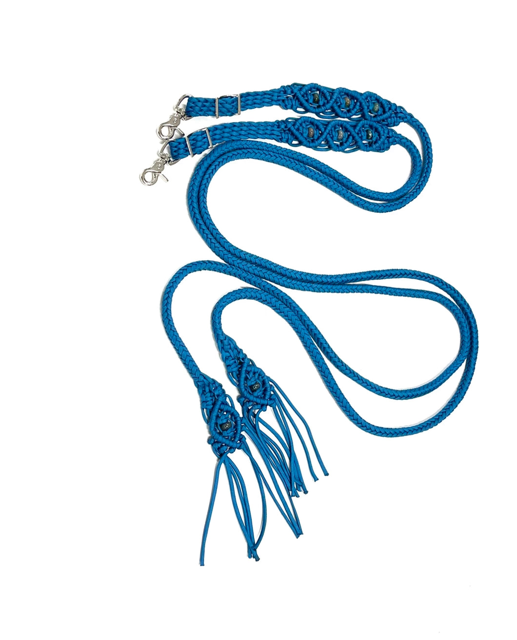 Fancy braided split reins in Carribean blue with agate  gemstones...beautiful yet practical