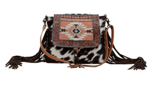Myra , Tapestry and leather fringe  cross body  bag with leather strap