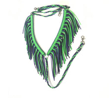 fringe breast collar neon purple and neon green.