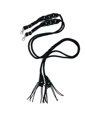 Fancy braided split reins in black with turquoise howlite gemstones...beautiful yet practical