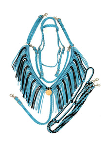 horse tack set,  (fringe breast collar, wither strap, reins, and bridle)