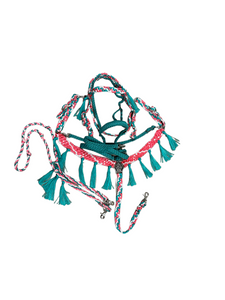 horse mule tape tack set,  (fringe breast collar, wither strap, reins, tie down,  and bridle)