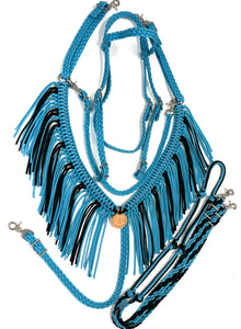 horse tack set,  (fringe breast collar, wither strap, reins, and bridle)