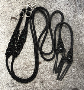 Fancy braided split reins in black with genuine Indian agate gemstones...beautiful yet practical