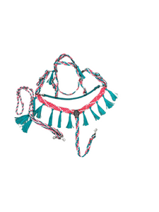 horse mule tape tack set,  (fringe breast collar, wither strap, reins, and bridle)
