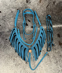 horse tack set,  (fringe breast collar, wither strap, reins, and bridle)