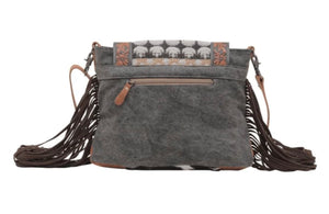 Myra , Tapestry and leather fringe  cross body  bag with leather strap