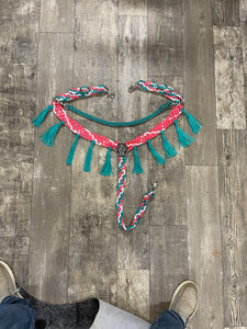 Average horse breast collar mule tape salmon pink and green turquoise