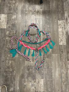 horse mule tape tack set,  (fringe breast collar, wither strap, reins, and bridle)