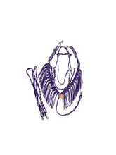 Purple horse tack set,  (fringe breast collar, wither strap, reins, and bridle)
