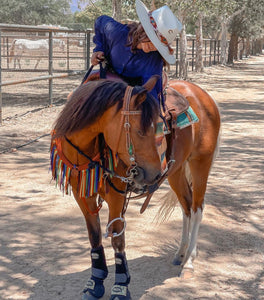 Red serape fringe breast collar with wither strap and barrel reins