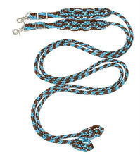 Fancy turquoise and brown braided split reins with beading....beautiful yet practical