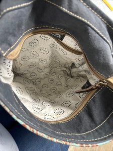 Cowhide, Tapestry and leather shoulder bag with leather strap