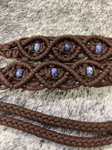 Fancy braided split reins in walnut brown with genuine sodalite gemstones...beautiful yet practical